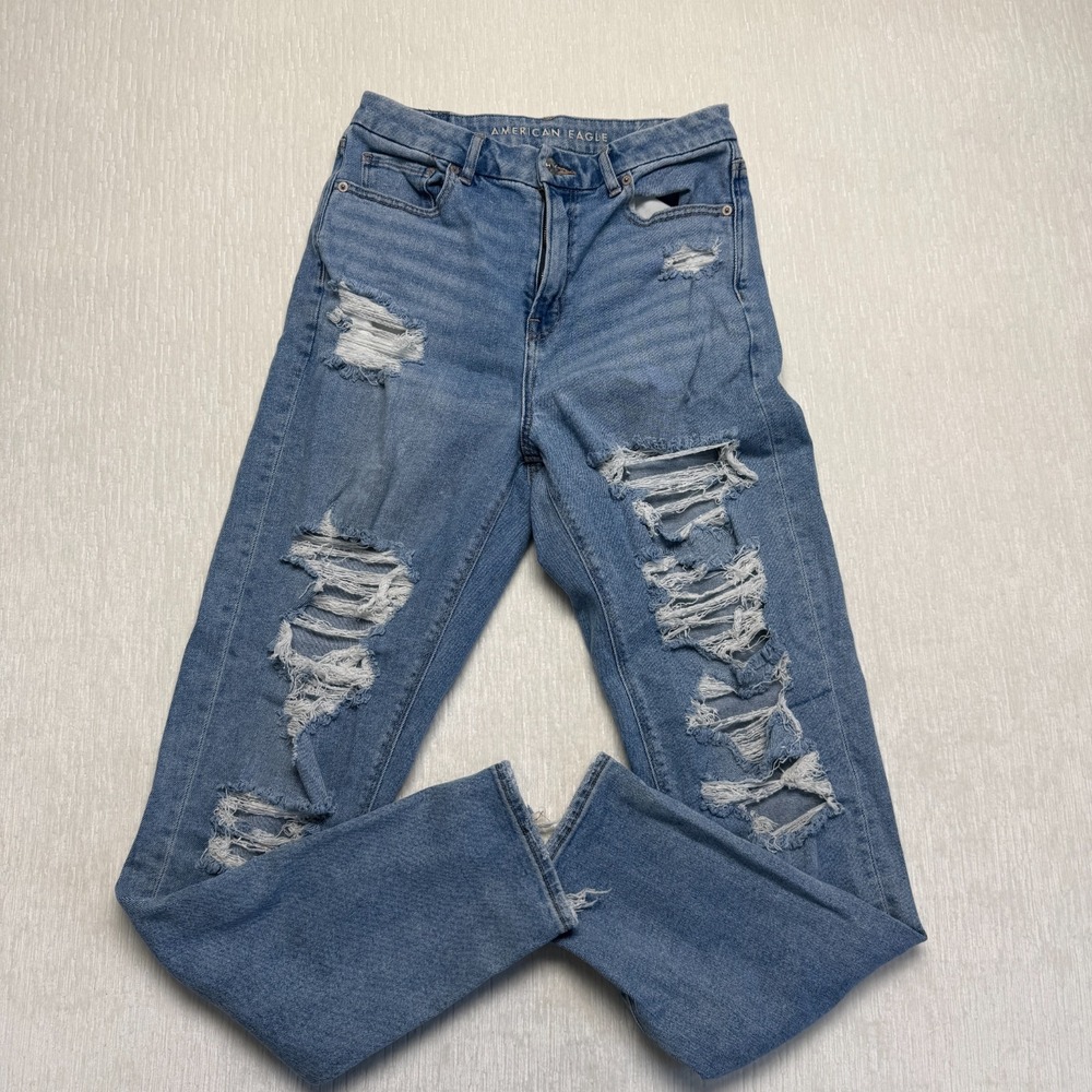 American Eagle Outfitters Curvy Mom Jeans Womens 6 X-Long Blue Cotton Distressed